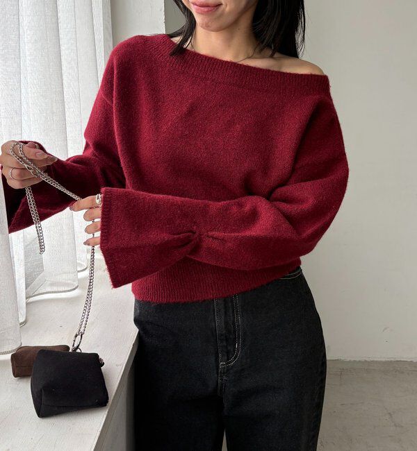  「【もちふわシリーズ】もちふわWOOLボートネックニット」|ニット・セーター|ボルドー