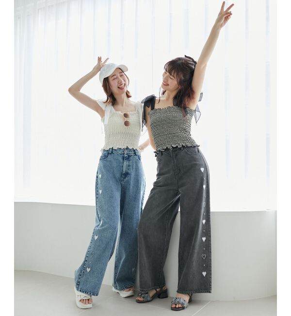  「リボンビジューデニムパンツ」|デニム|