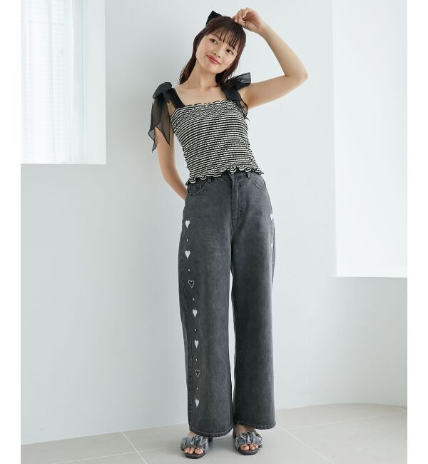  「リボンビジューデニムパンツ」|デニム|