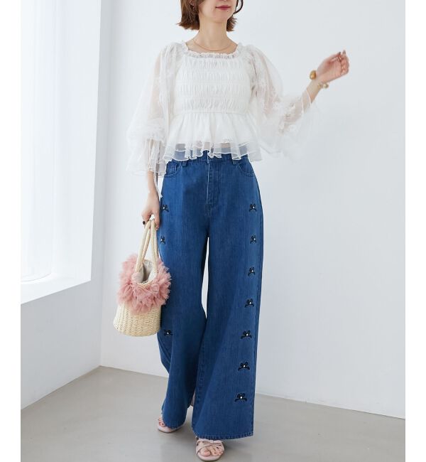 MAJESTICLEGON「リボンビジューデニムパンツ」|デニム|