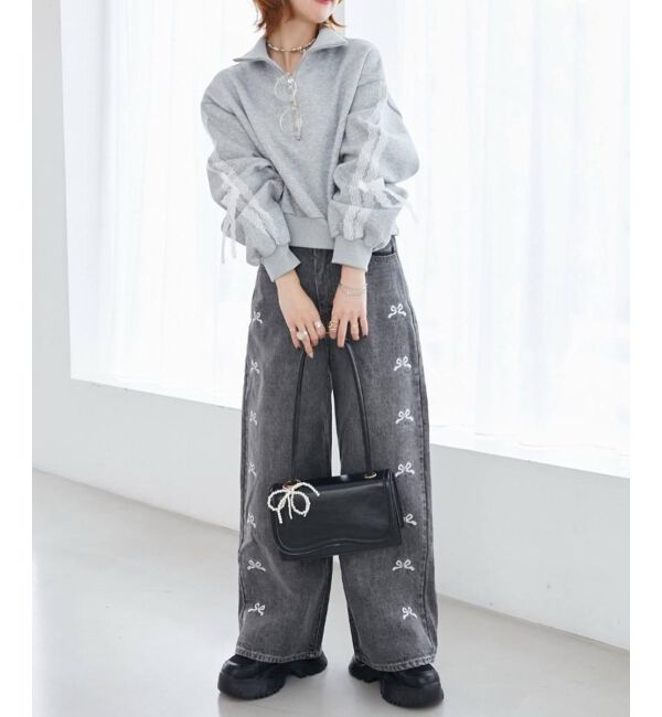 MAJESTICLEGON「リボンビジューデニムパンツ」|デニム|グレー