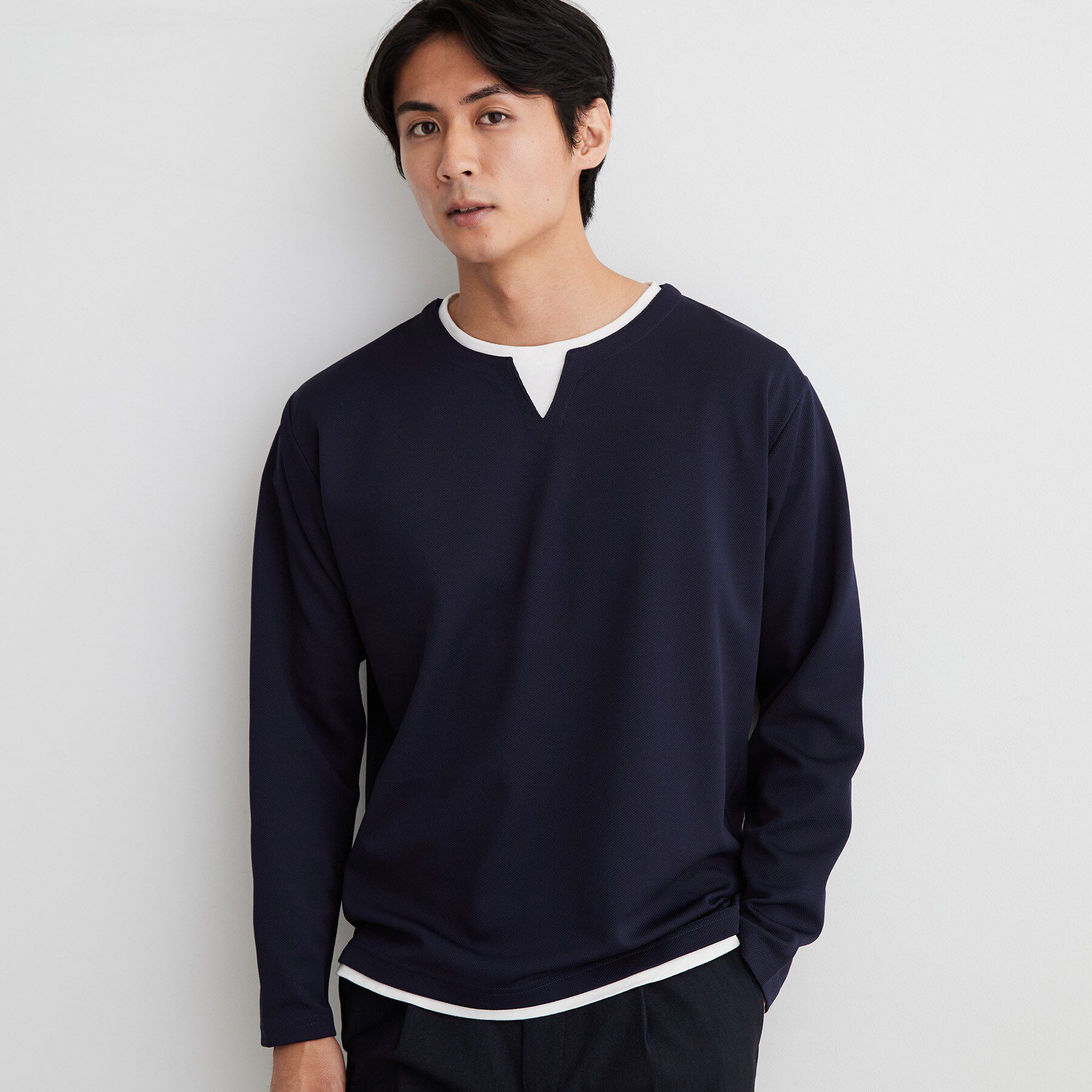 THE SHOP TK「【洗濯機OK】カノコキーネック レイヤード長袖Tシャツ」|Tシャツ・カットソー|