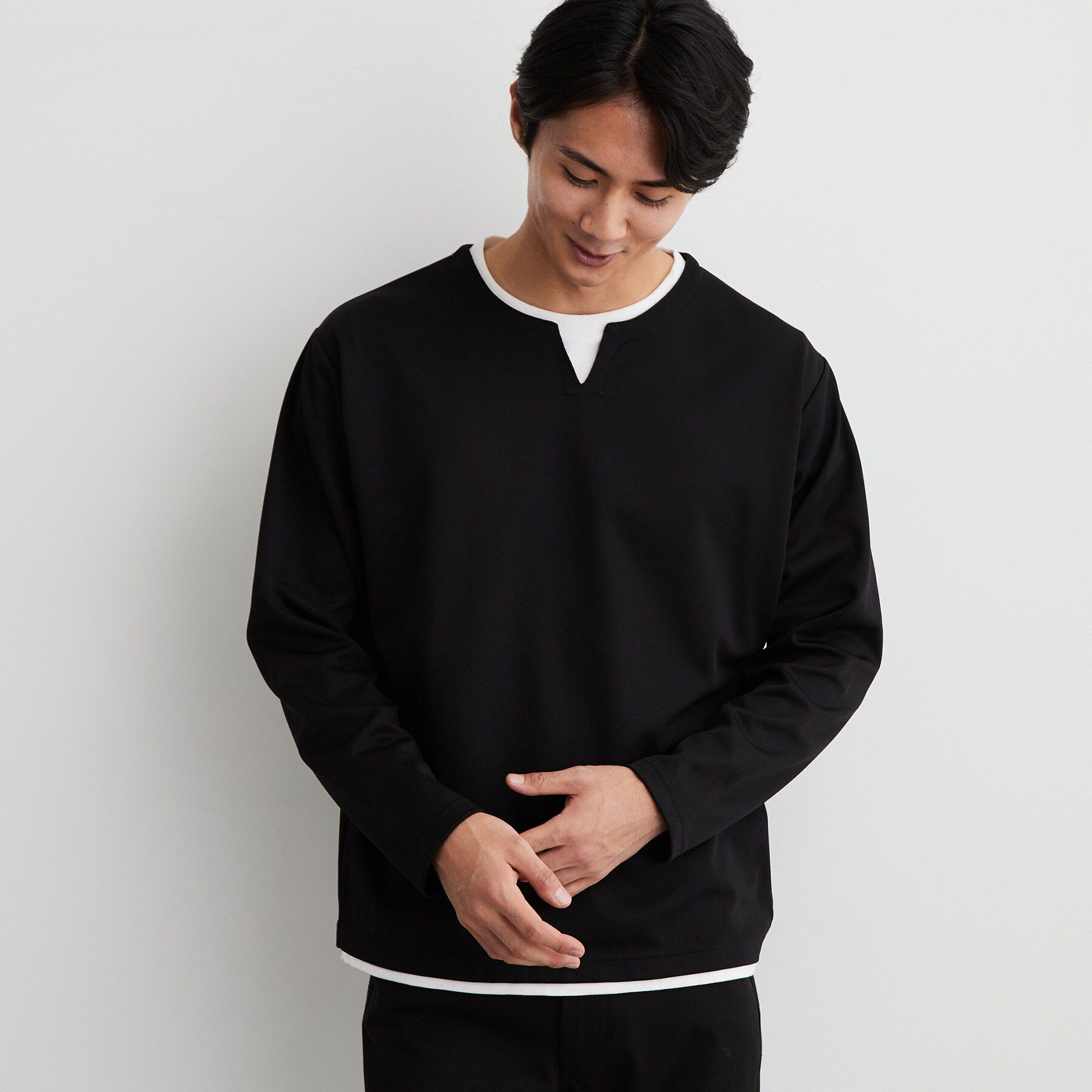 THE SHOP TK「【洗濯機OK】カノコキーネック レイヤード長袖Tシャツ」|Tシャツ・カットソー|