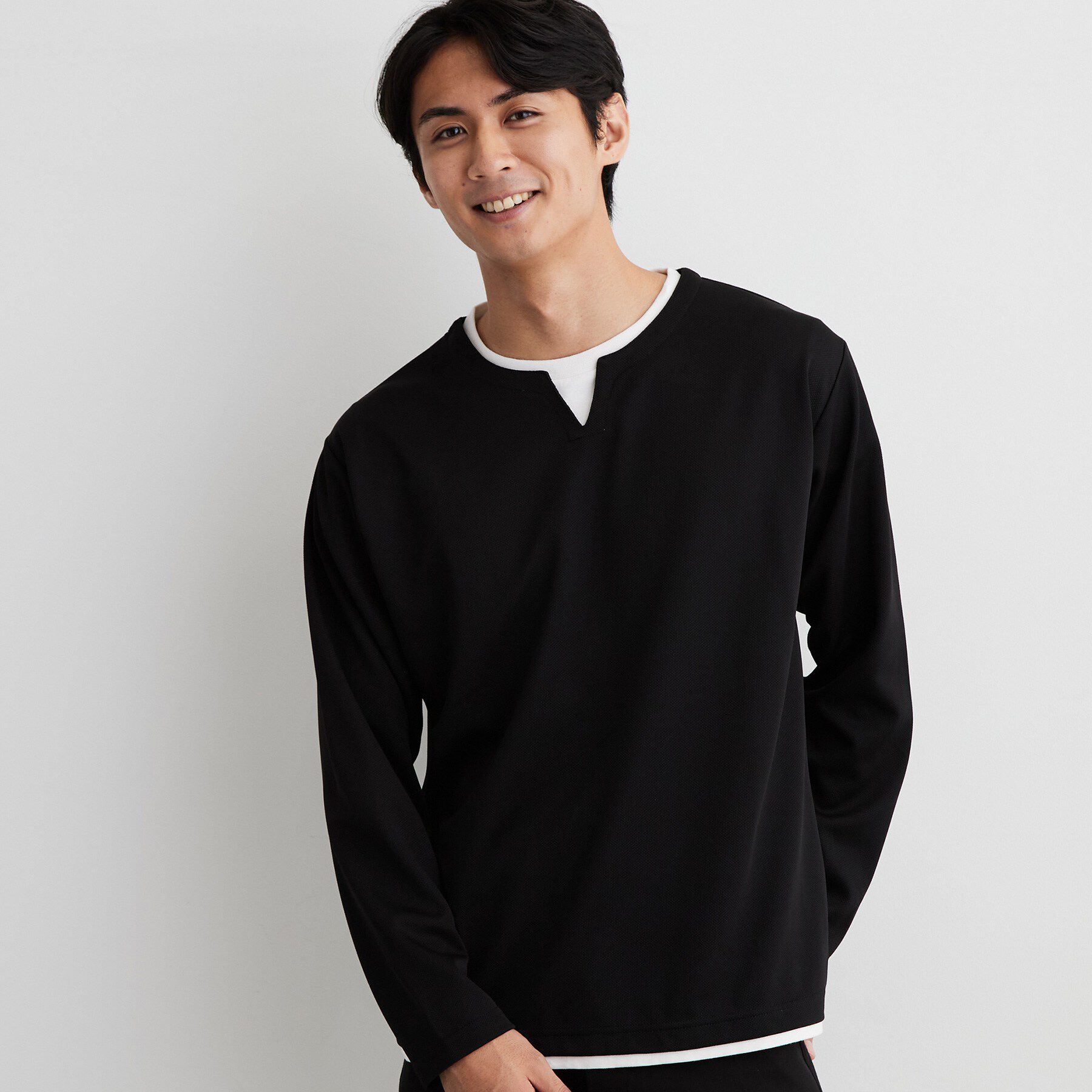 THE SHOP TK「【洗濯機OK】カノコキーネック レイヤード長袖Tシャツ」|Tシャツ・カットソー|ブラック(019)