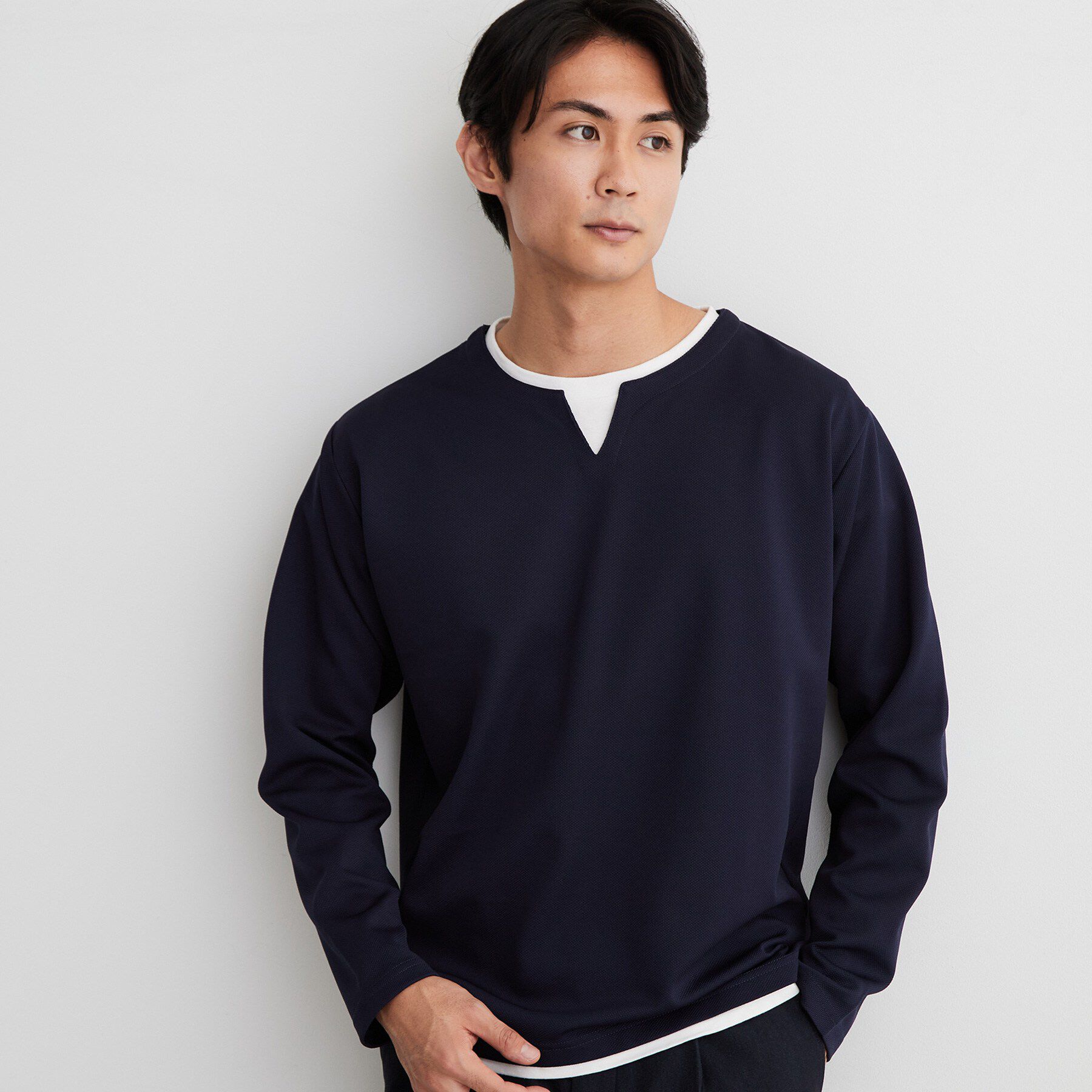 THE SHOP TK「【洗濯機OK】カノコキーネック レイヤード長袖Tシャツ」|Tシャツ・カットソー|ネイビー(094)