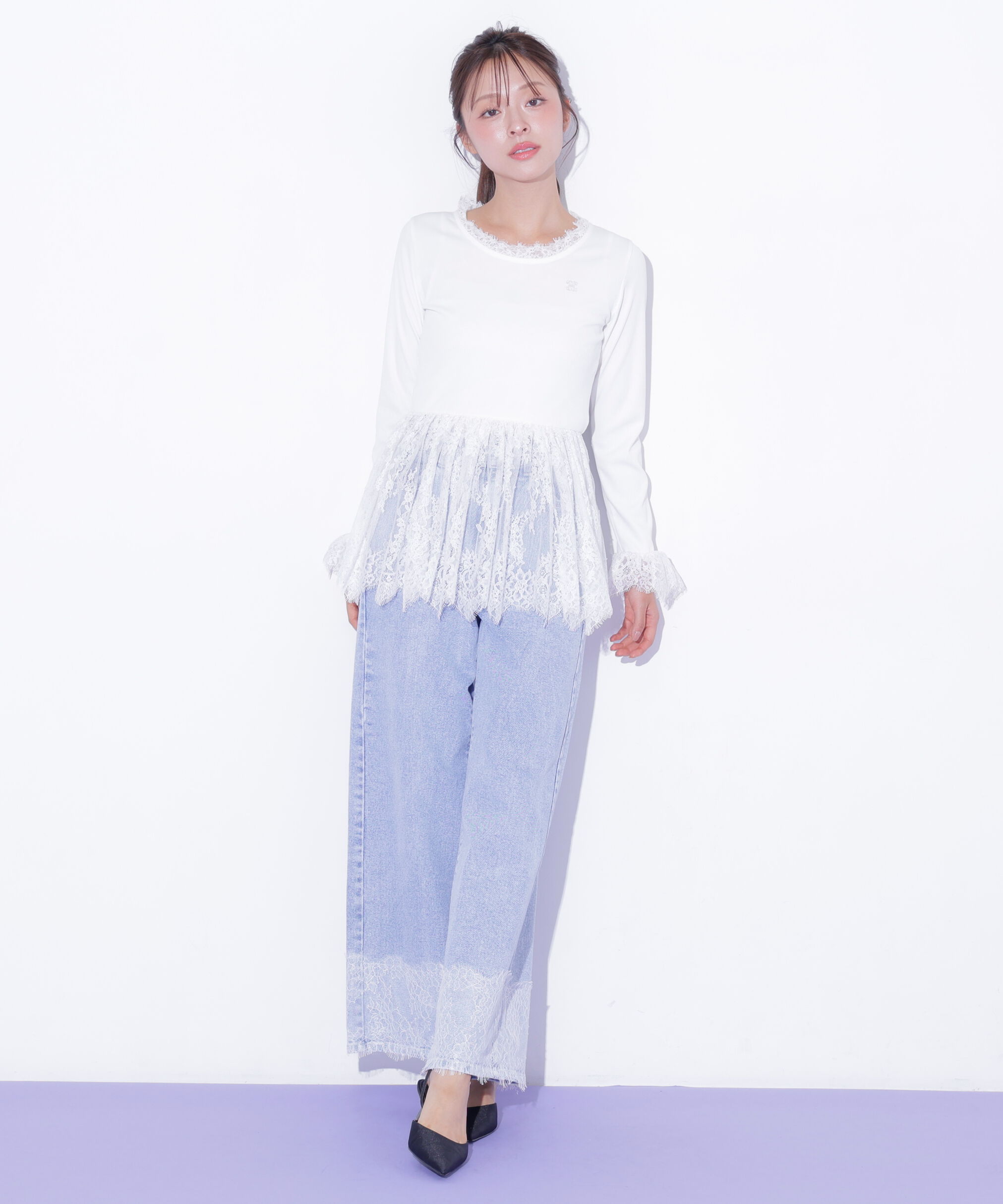  「裾レースワイドデニムパンツ」|その他|