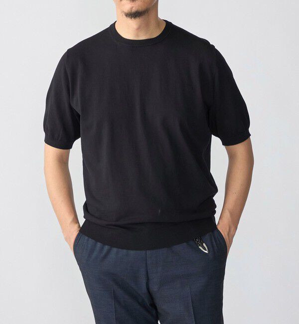 SHIPS「SHIPS:〈接触冷感〉 ICE COTTON クルーネック ショート スリーブ ニット Tシャツ」|ニット・セーター|ブラック