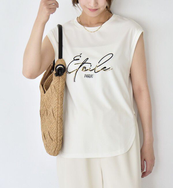 quaranciel「quaranciel:〈洗濯機可能〉スパンコール ロゴ 刺繍 フレンチスリーブ TEE」|Tシャツ・カットソー|