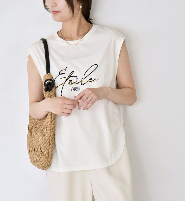 quaranciel「quaranciel:〈洗濯機可能〉スパンコール ロゴ 刺繍 フレンチスリーブ TEE」|Tシャツ・カットソー|