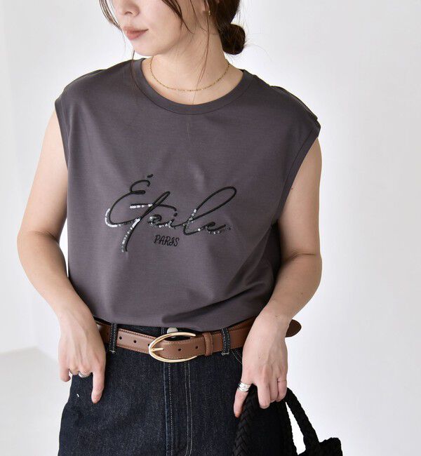 quaranciel「quaranciel:〈洗濯機可能〉スパンコール ロゴ 刺繍 フレンチスリーブ TEE」|Tシャツ・カットソー|
