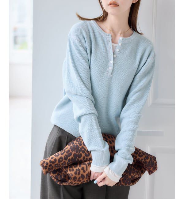 U by SPICK&SPAN「シアーワッフルヘンリーネックニット」|ニット・セーター|ブルー A