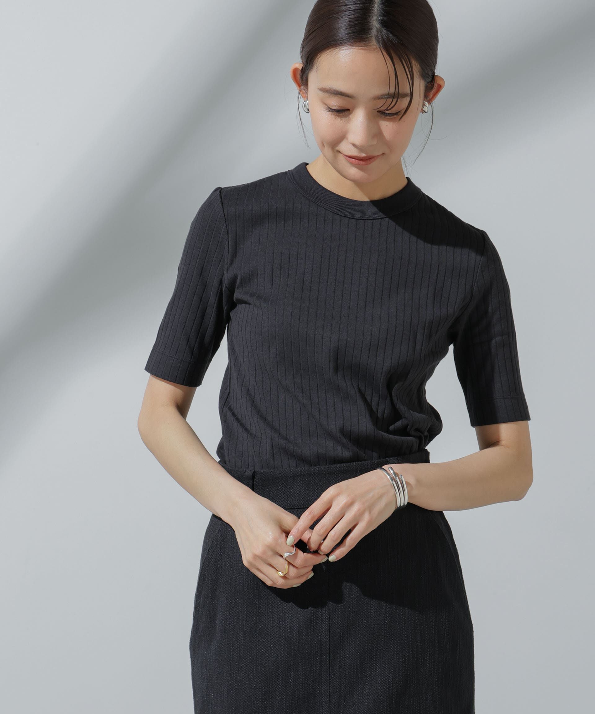 NANO universe「Anti Soaked(R) 汗染み防止 クルーネックリブTシャツ」|Tシャツ・カットソー|ブラック