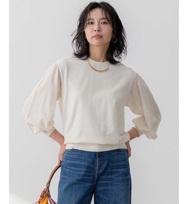 23区「【洗える】コンフォートストレッチ パフスリーブ ニット」|ニット・セーター|アイボリー系