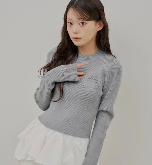 「エンブレム刺繍リブニット」|ニット・セーター|グレー