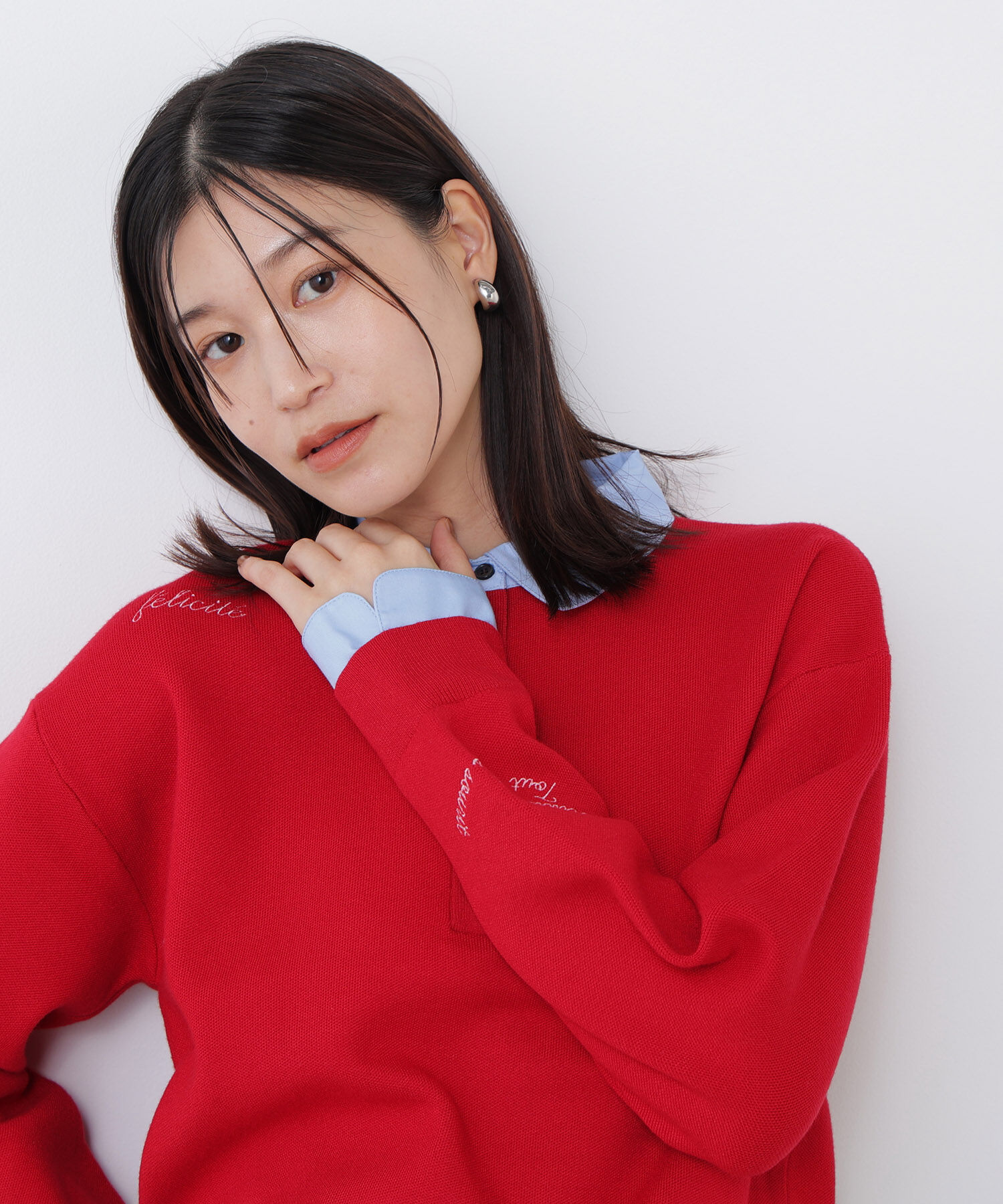  「〈N.〉シャツカラーロゴ刺繍ニット」|ニット・セーター|レッド系2