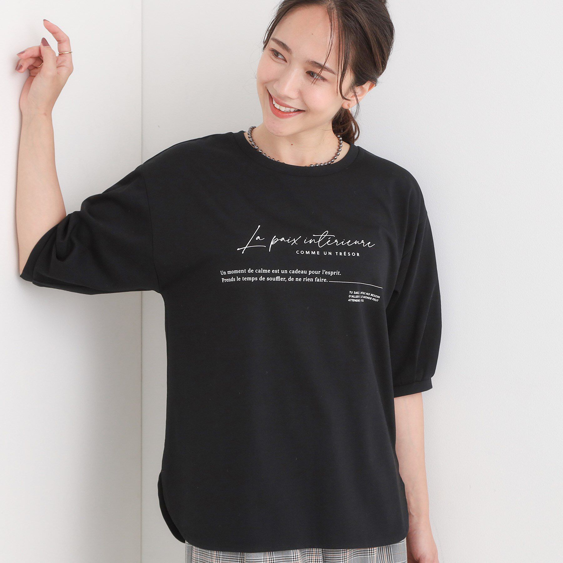 SHOO･LA･RUE「【ひんやり/S-LL】大人の五分袖プリントTシャツ」|Tシャツ・カットソー|ブラック(019)