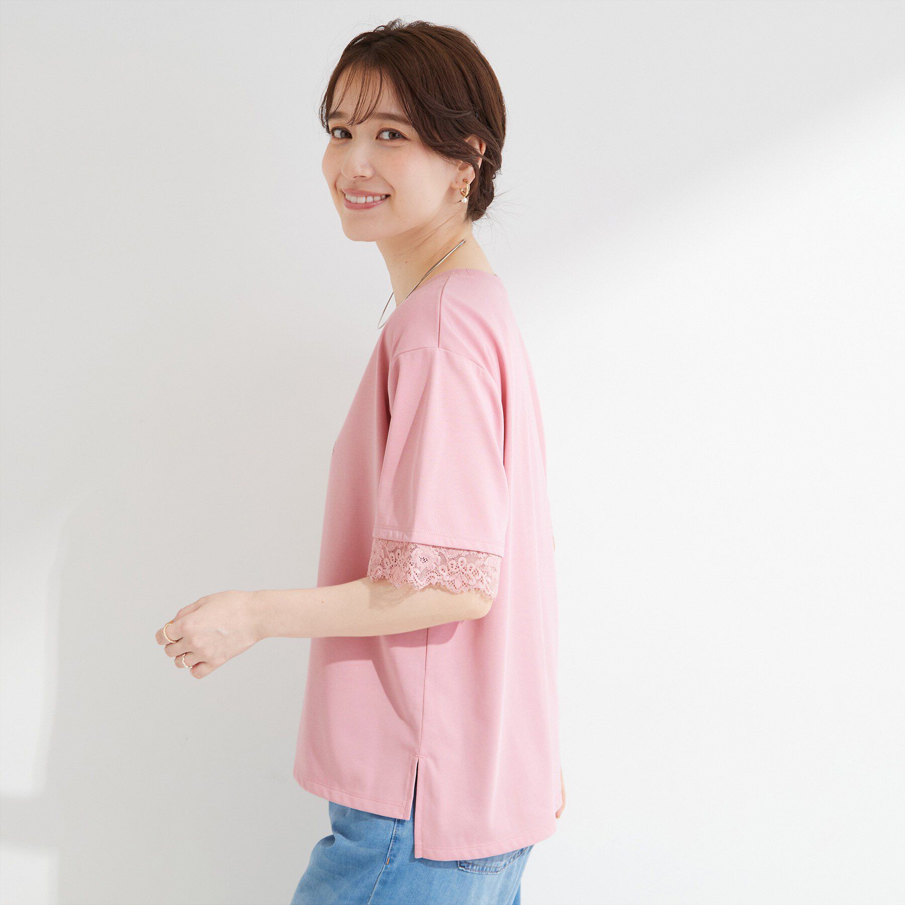 SHOO･LA･RUE「【UV/S-LL/洗濯機可】柄アソート お袖レースが旬顔 上品に決まる大人Tシャツ」|Tシャツ・カットソー|