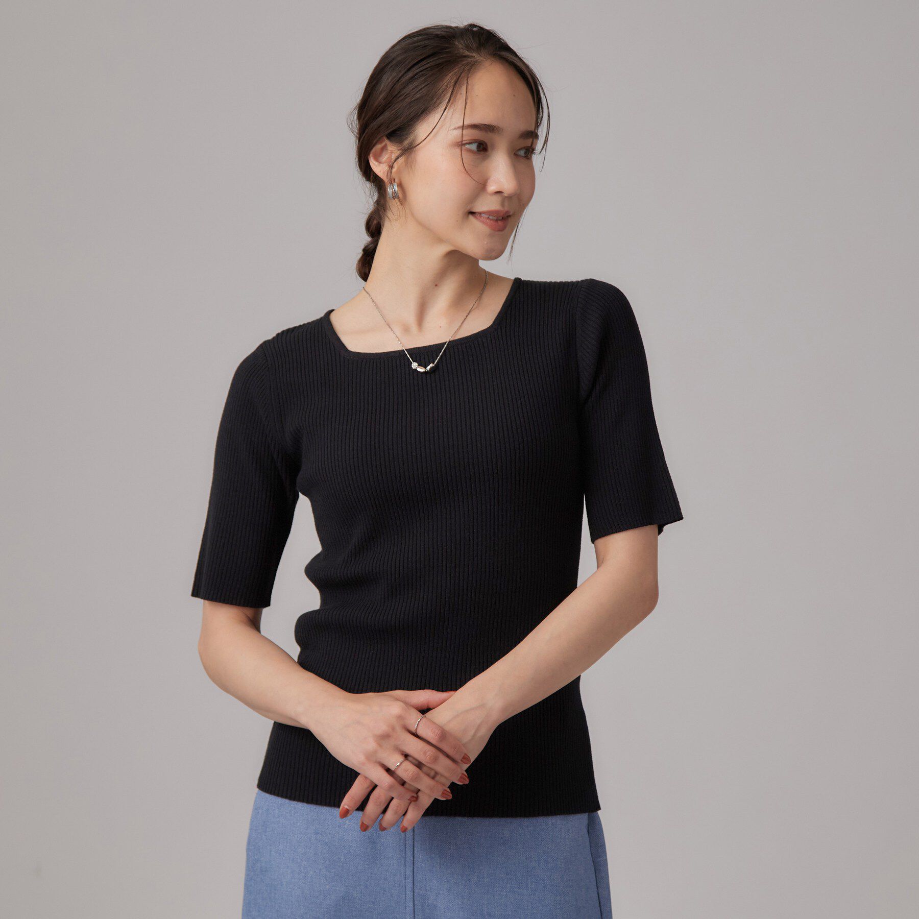 SHOO･LA･RUE「【毛玉になりにくい/洗濯機可/S-LL】大人上品な 5分袖スクエアトップス」|ニット・セーター|