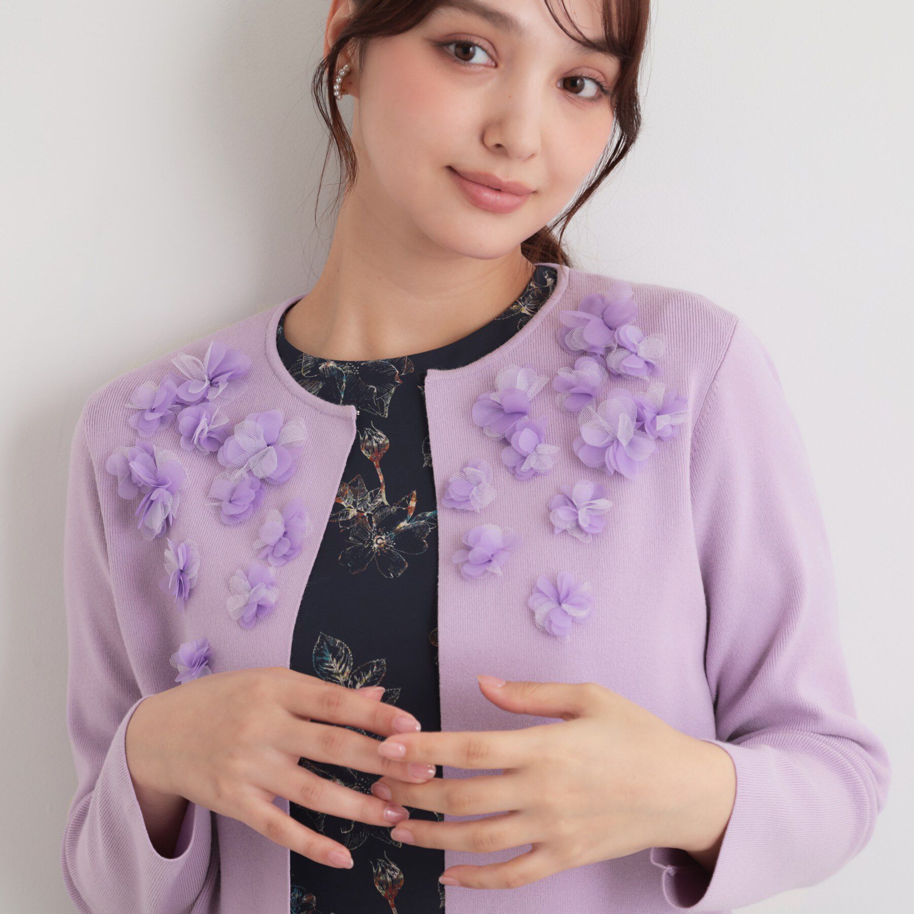 SunaUna「【手洗い可】花モチーフ付カーディガン」|カーディガン|