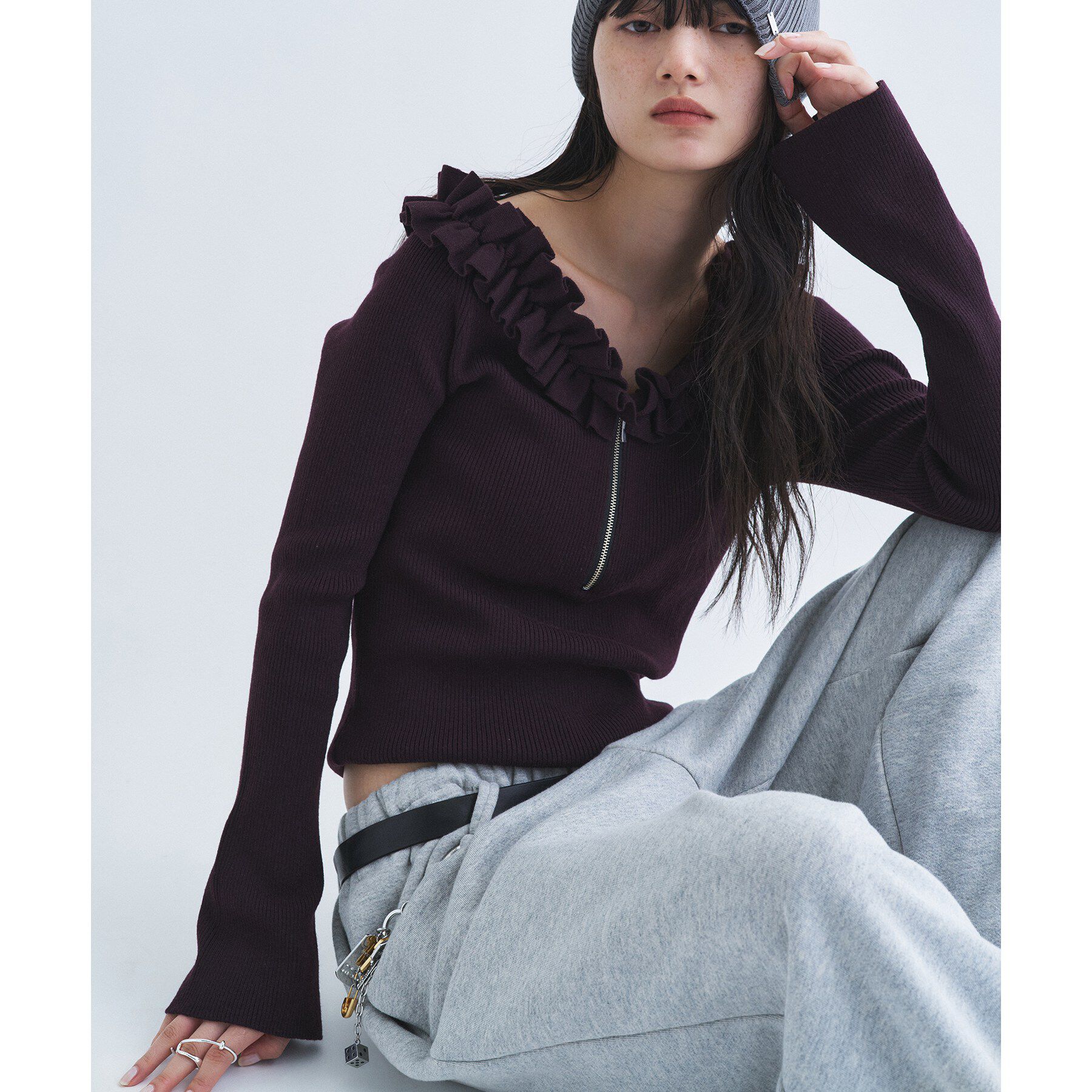 CODE A「frill frame knit」|ニット・セーター|ボルドー(064)