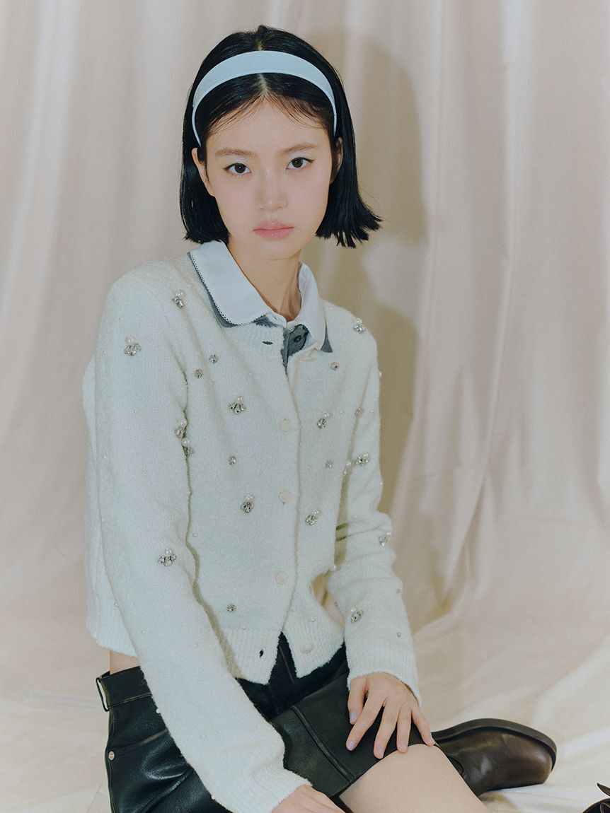 LILY BROWN「【SPECIAL PRICE】ビジューニットジャケット[L.B CANDY STOCK]」|ノーカラージャケット|