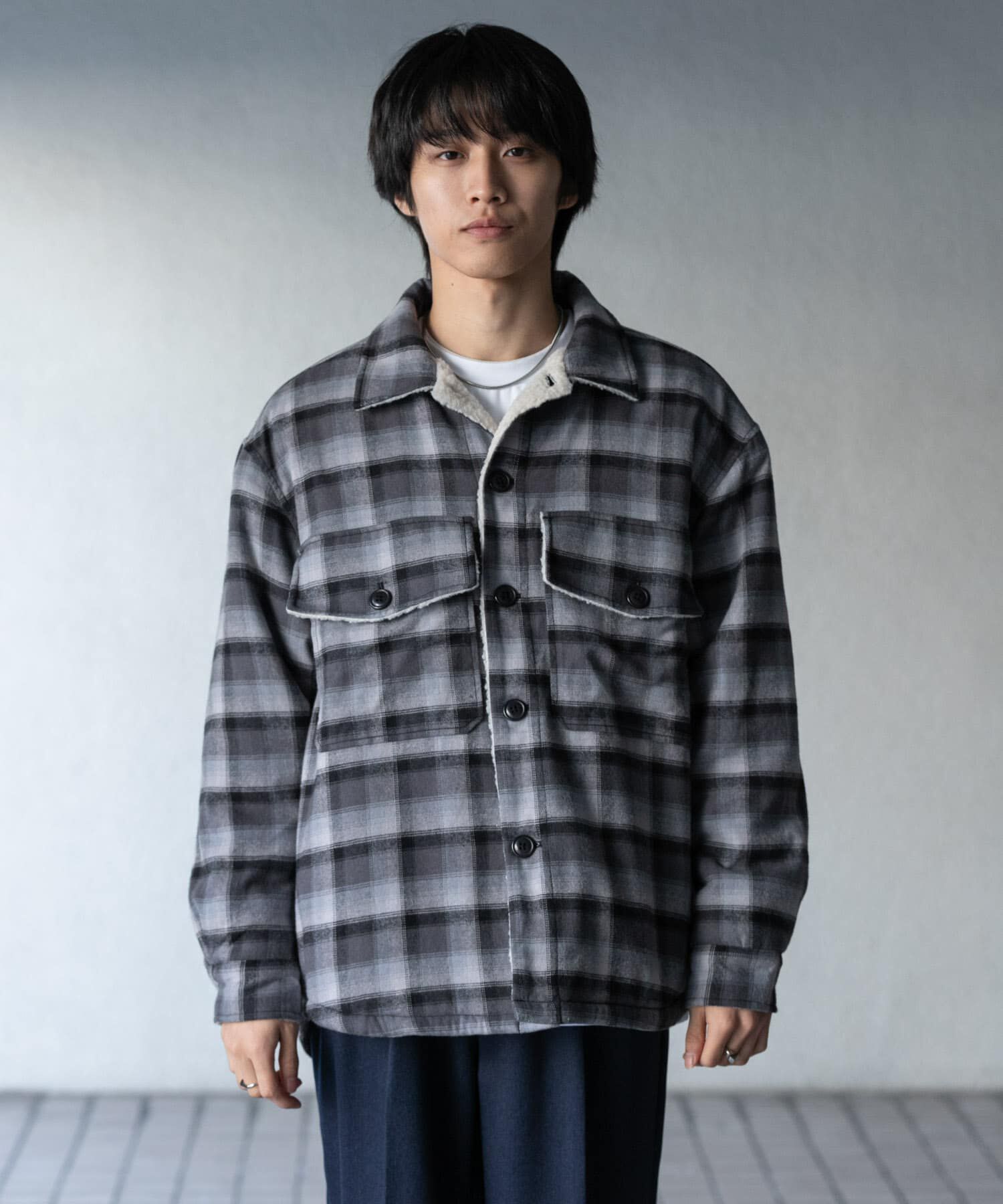 SENSE OF PLACE by URBAN RESEARCH「オンブレーチェックボアジャケット」|ノーカラーコート|
