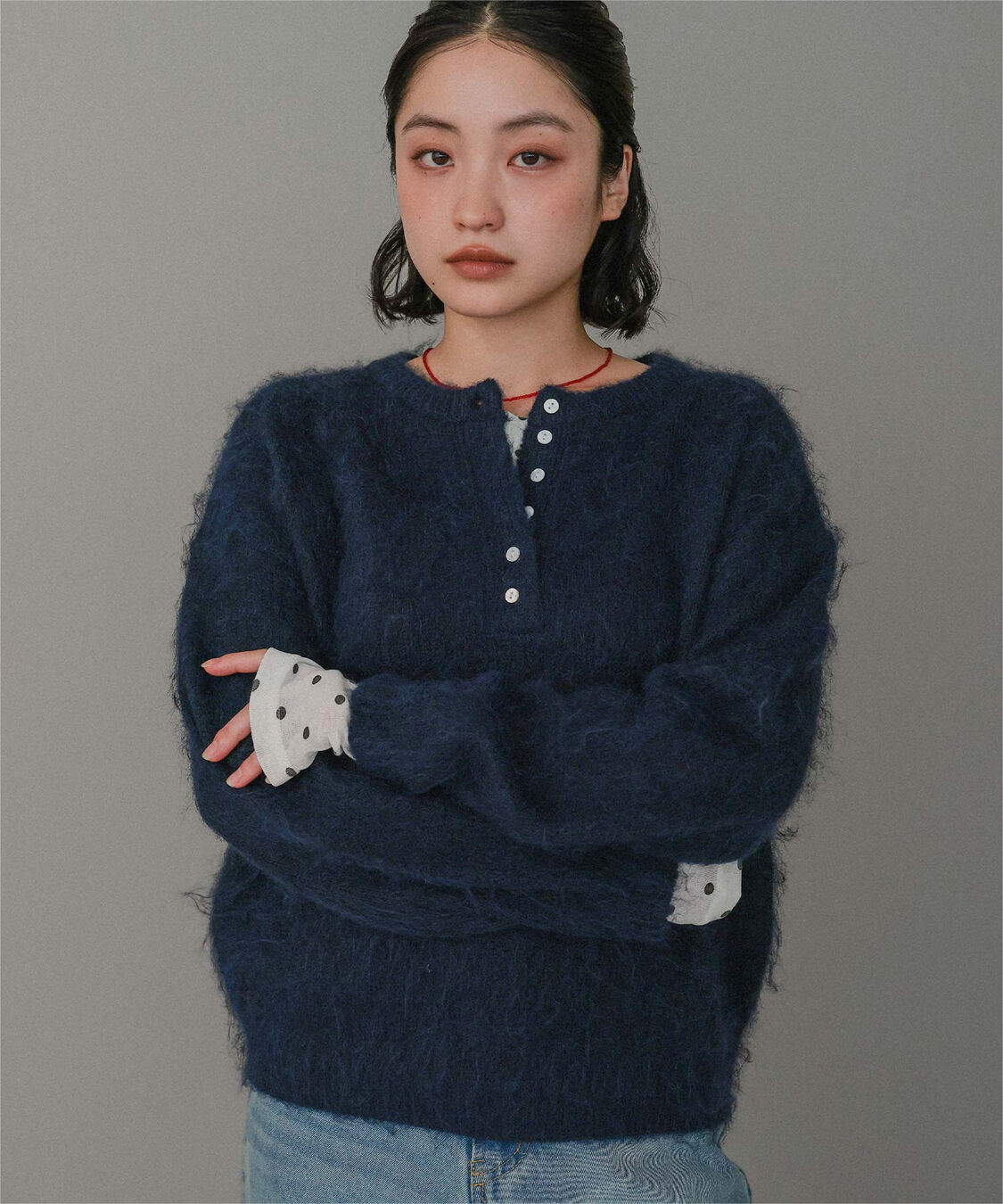 miette「ヘンリーネックシャギーニットプルオーバー」|ニット・セーター|ネイビー