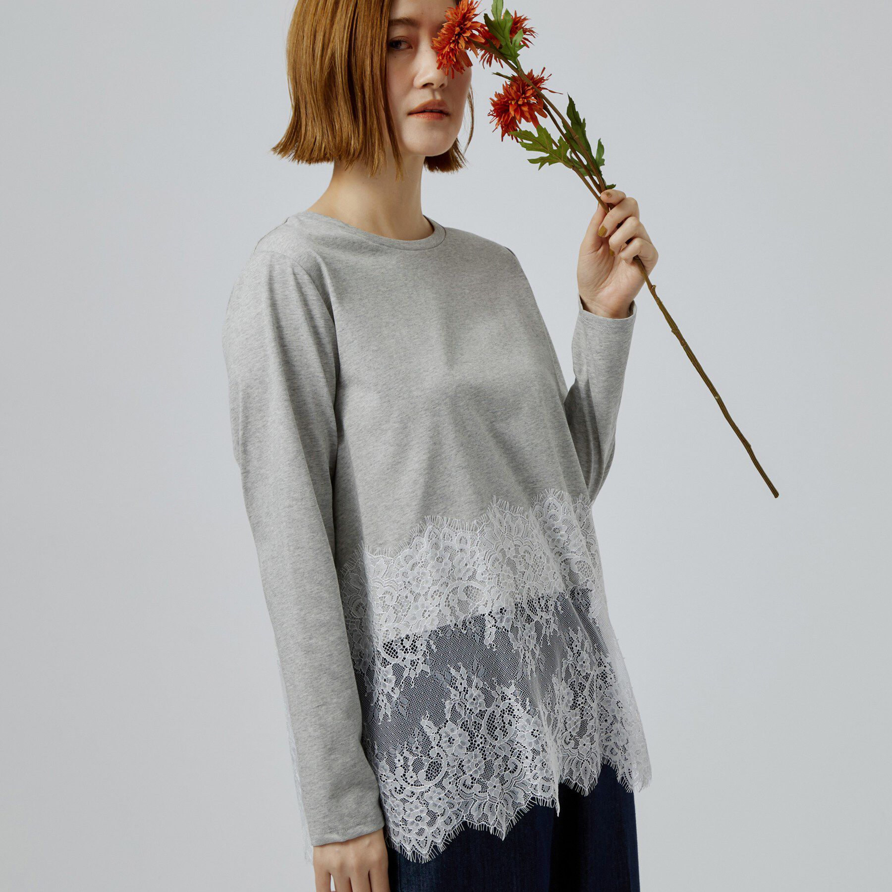 grove「【レイヤードにも◎】裾レースドッキングカットソー」|Tシャツ・カットソー|グレー(012)