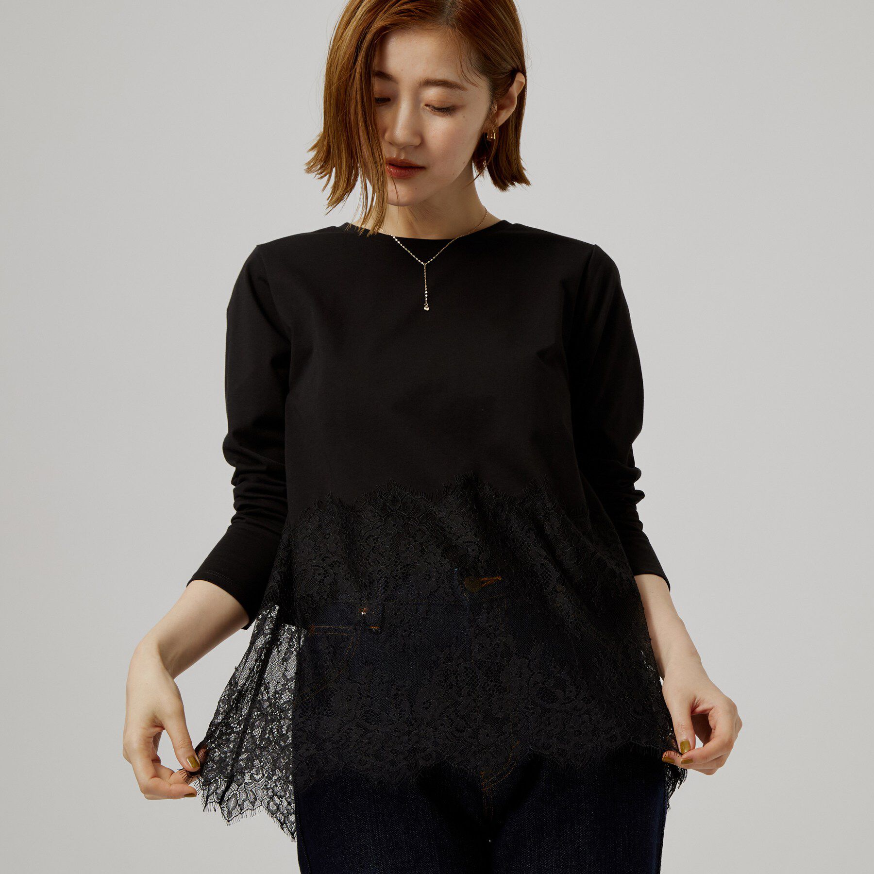 grove「【レイヤードにも◎】裾レースドッキングカットソー」|Tシャツ・カットソー|ブラック(019)