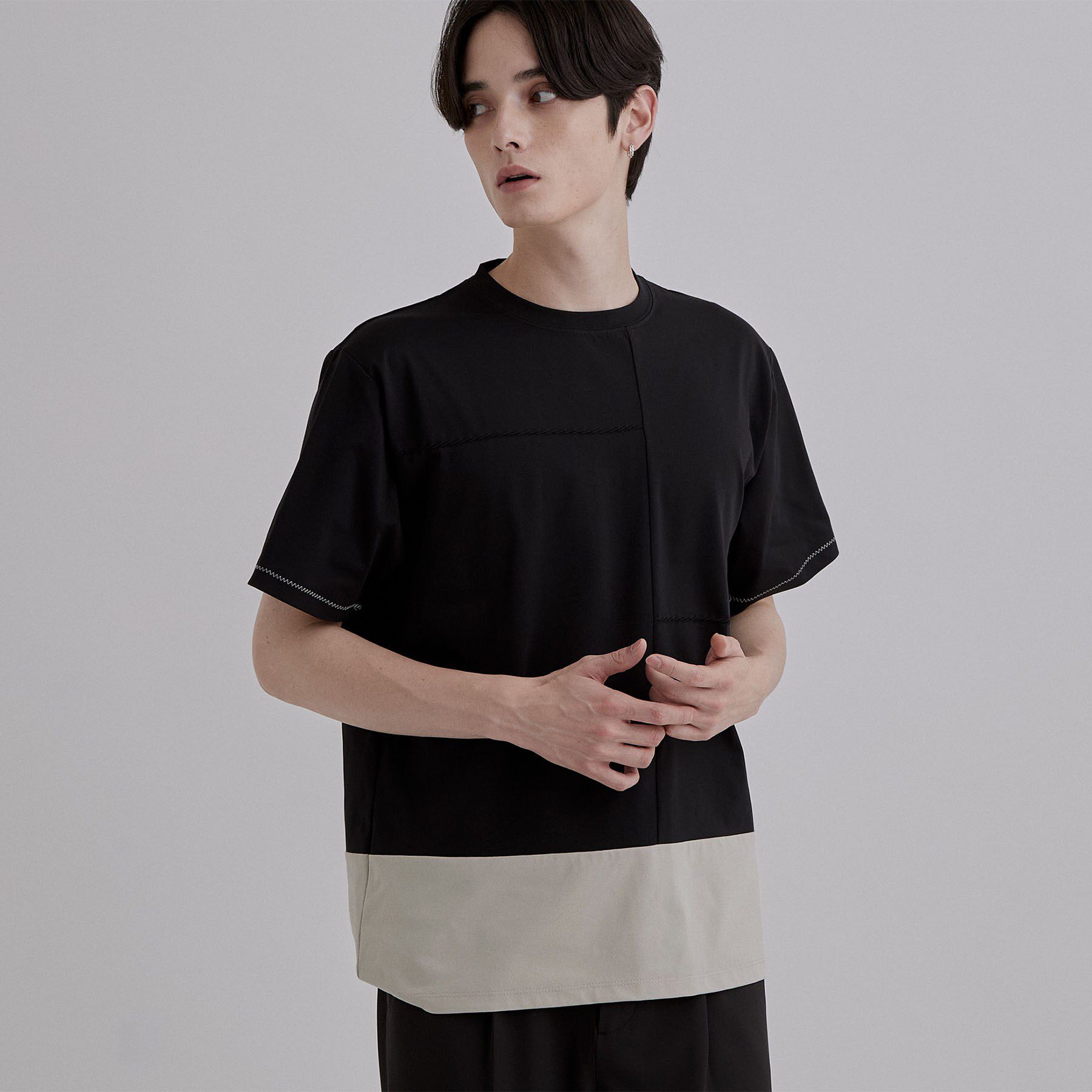 tk.TAKEO KIKUCHI「ダッシュラインバイカラーTシャツ」|Tシャツ・カットソー|ブラック(019)