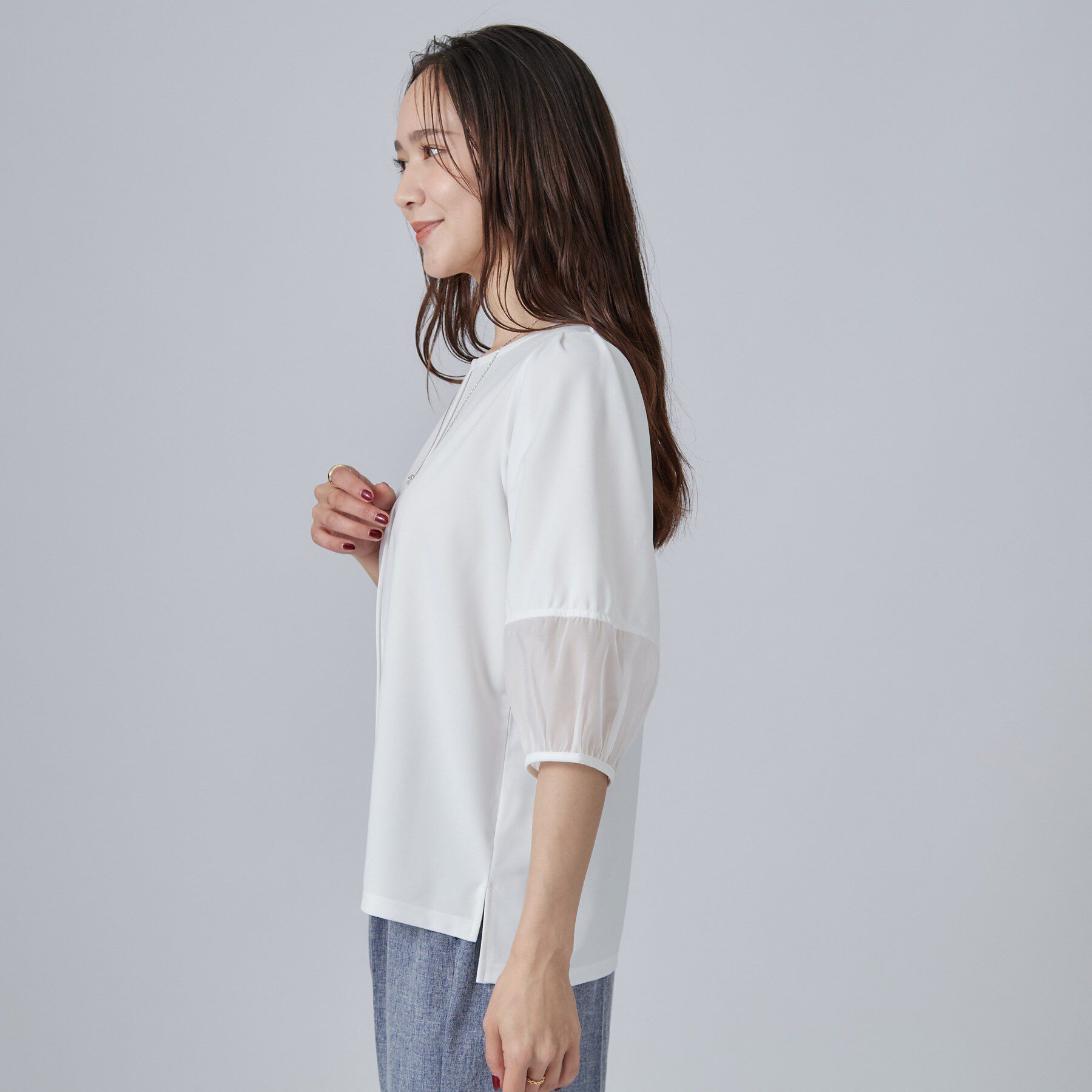SHOO･LA･RUE「【洗濯機可/S-LL】 大人のシアー感 お袖切り替えラウンドネックトップス」|Tシャツ・カットソー|