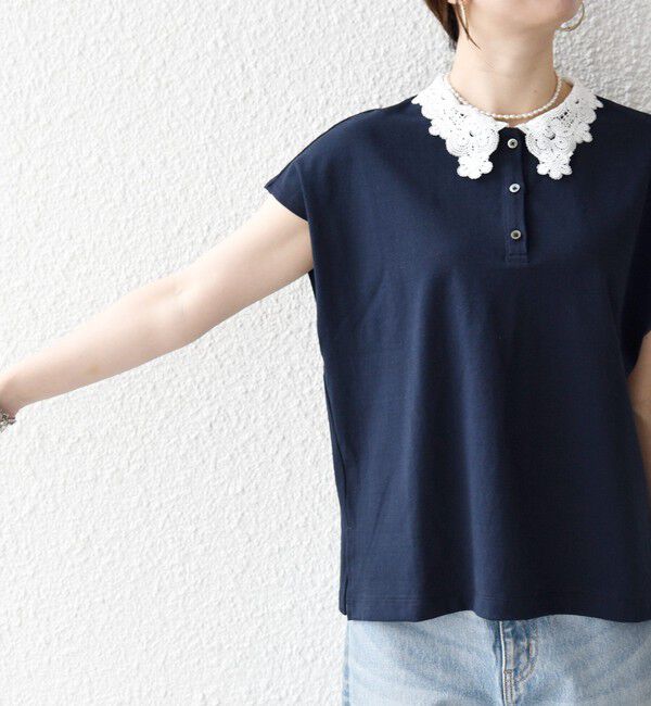 SHIPS any「SHIPS any:〈洗濯機可能〉レース カラー フレンチスリーブ ポロ プルオーバー」|Tシャツ・カットソー|