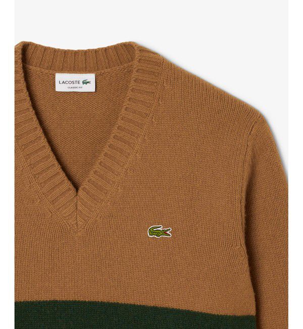 LACOSTE「アシンメトリーボーダーVネック ウールニットセーター」|ニット・セーター|