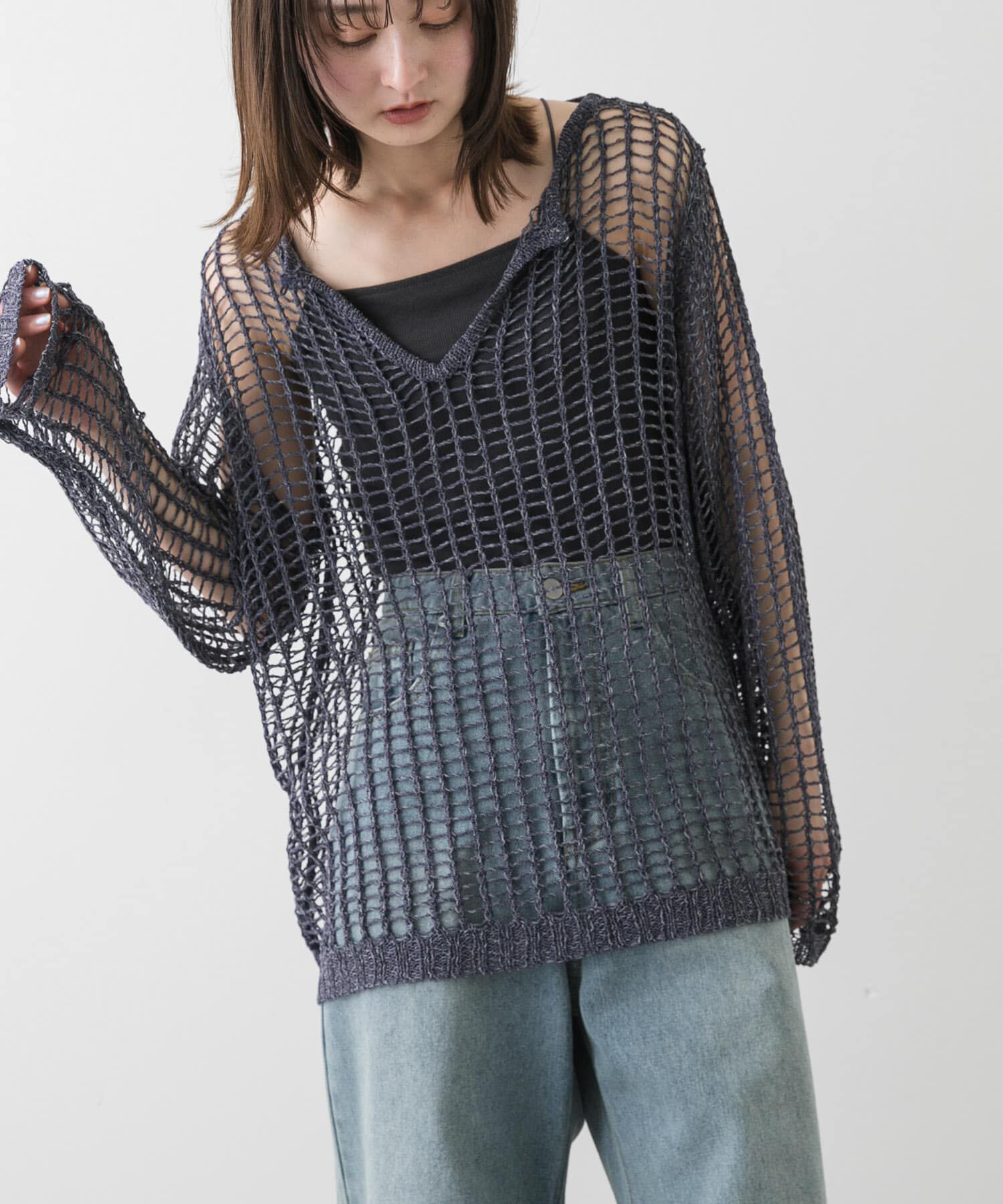 SENSE OF PLACE by URBAN RESEARCH「キーネックメッシュニット」|ニット・セーター|ネイビー