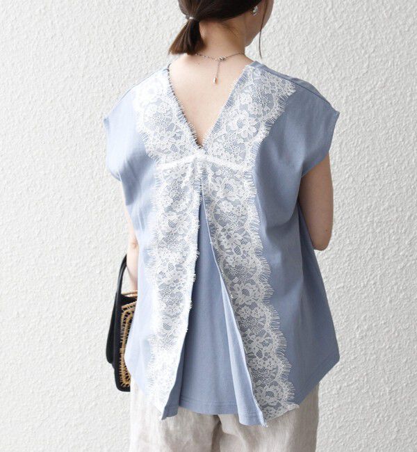 SHIPS any「SHIPS any:〈洗濯機可能〉バック レース コンビ フレンチスリーブ プルオーバー」|Tシャツ・カットソー|