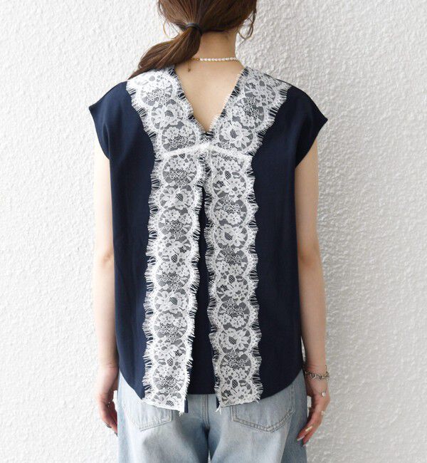 SHIPS any「SHIPS any:〈洗濯機可能〉バック レース コンビ フレンチスリーブ プルオーバー」|Tシャツ・カットソー|