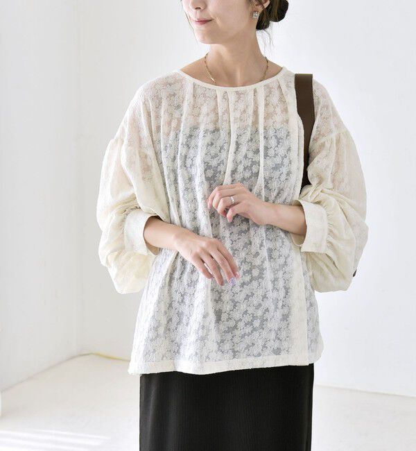 quaranciel「quaranciel:〈洗濯機可能〉シアー フラワー ジャカード ボリューム プルオーバー」|Tシャツ・カットソー|