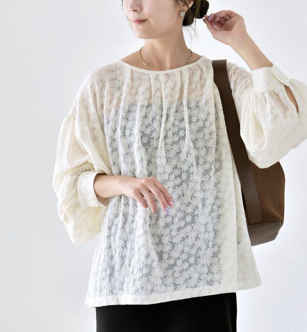 quaranciel「quaranciel:〈洗濯機可能〉シアー フラワー ジャカード ボリューム プルオーバー」|Tシャツ・カットソー|