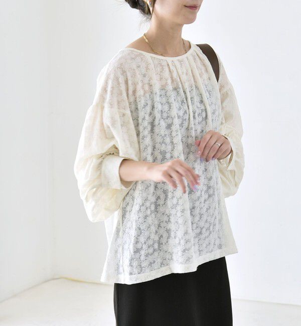 quaranciel「quaranciel:〈洗濯機可能〉シアー フラワー ジャカード ボリューム プルオーバー」|Tシャツ・カットソー|