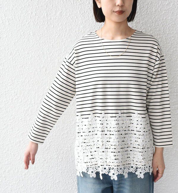 SHIPS Colors 「【WEB限定】SHIPS Colors:ポンチ レース コンビ トップス（ボーダー）2◇」|Tシャツ・カットソー|