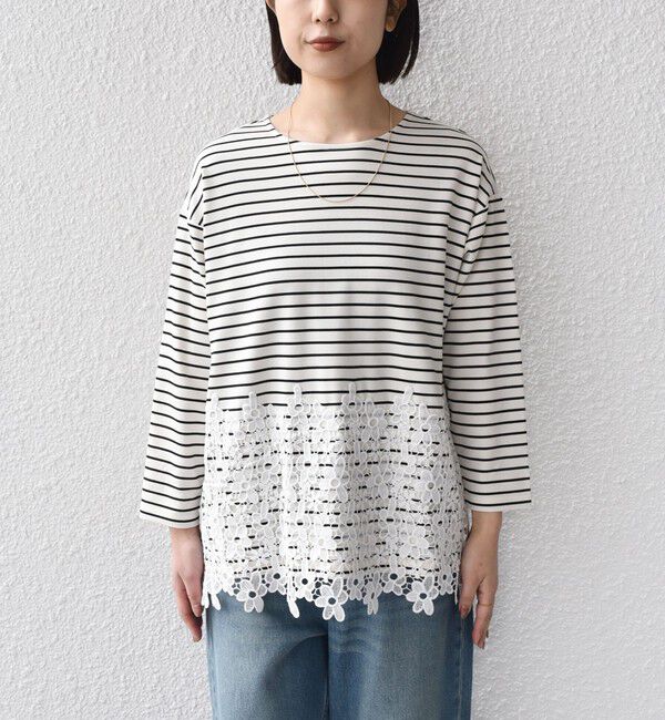 SHIPS Colors 「【WEB限定】SHIPS Colors:ポンチ レース コンビ トップス（ボーダー）2◇」|Tシャツ・カットソー|
