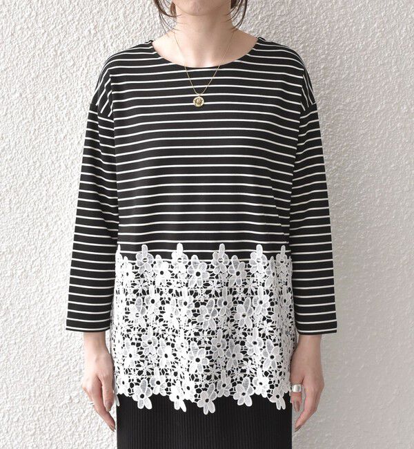 SHIPS Colors 「【WEB限定】SHIPS Colors:ポンチ レース コンビ トップス（ボーダー）2◇」|Tシャツ・カットソー|