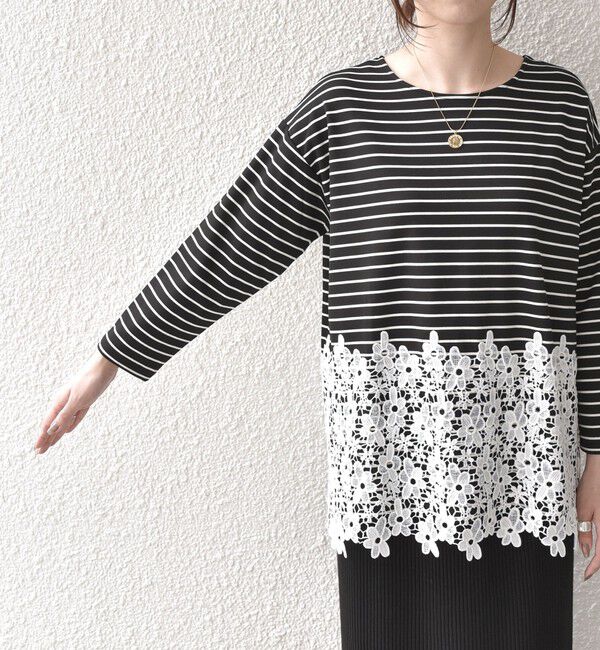 SHIPS Colors 「【WEB限定】SHIPS Colors:ポンチ レース コンビ トップス（ボーダー）2◇」|Tシャツ・カットソー|