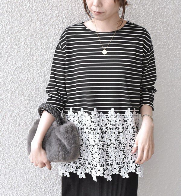 SHIPS Colors 「【WEB限定】SHIPS Colors:ポンチ レース コンビ トップス（ボーダー）2◇」|Tシャツ・カットソー|
