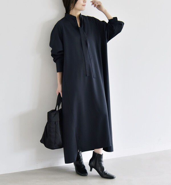 quaranciel「《予約》〈洗濯機可能〉スタンドカラー リボンタイ スキッパー ボリューム ロング ワンピース」|ワンピース|