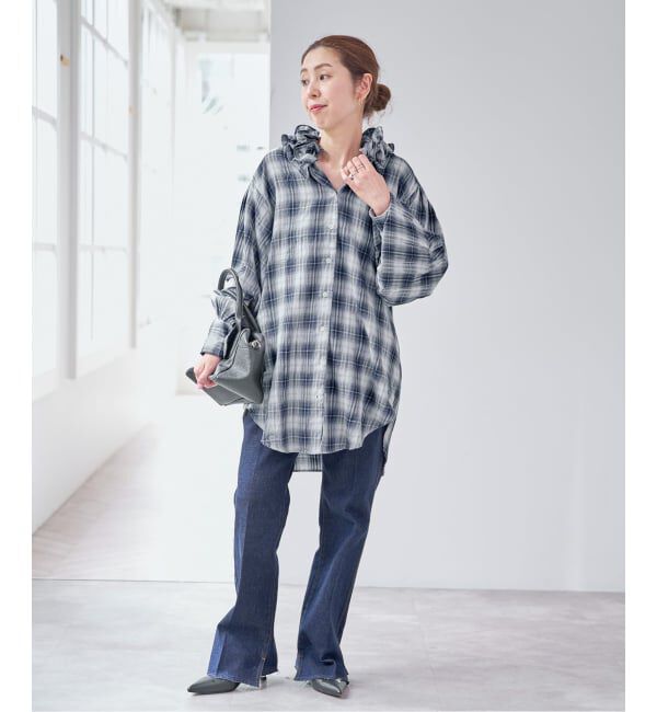 Spick and Span「《別注 / 予約》crinkle check frill collar shirts*」|シャツ・ブラウス|