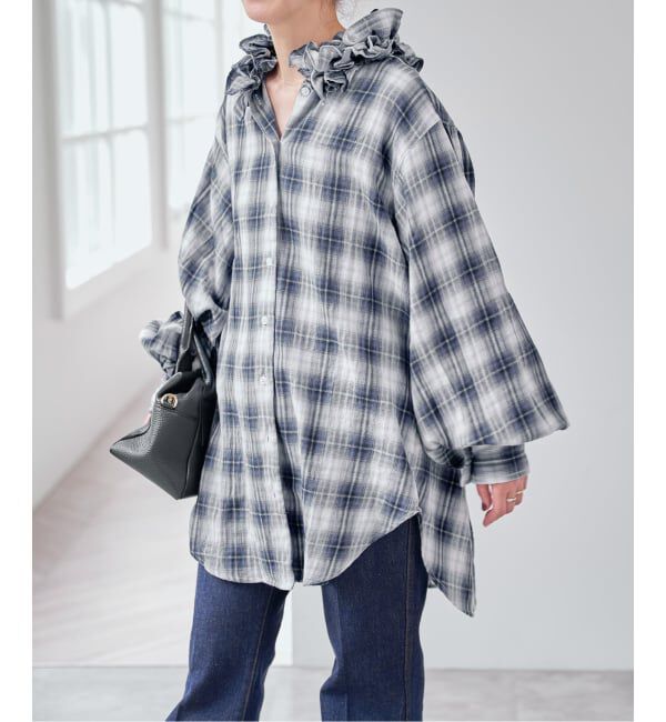 Spick and Span「《別注 / 予約》crinkle check frill collar shirts*」|シャツ・ブラウス|