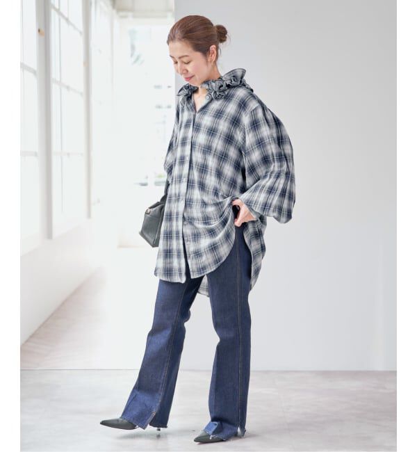 Spick and Span「《別注 / 予約》crinkle check frill collar shirts*」|シャツ・ブラウス|