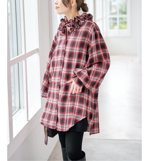 Spick and Span「《別注 / 予約》crinkle check frill collar shirts*」|シャツ・ブラウス|レッド A