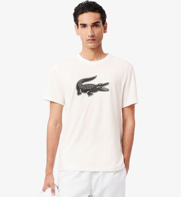 LACOSTE「コットンブレンドウルトラドライロゴプリント半袖Tシャツ」|Tシャツ・カットソー|ホワイト&times;ネイビー